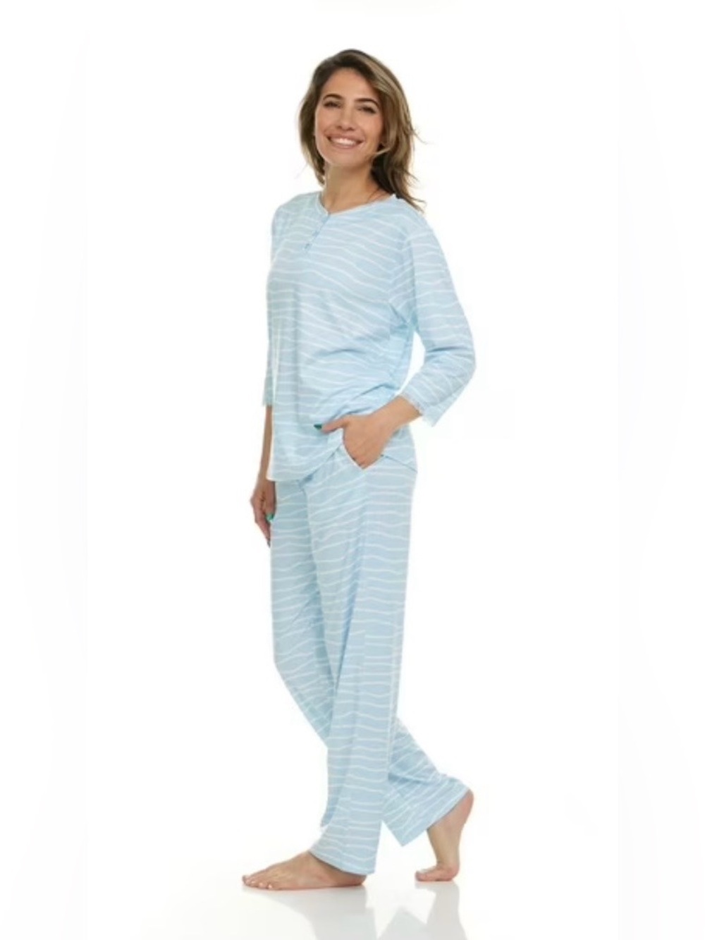 FLORA NIKROOZ Women Relaxed Fit 3/4 Sleeve Henley Pajama Set 2 Piece Pockets😍